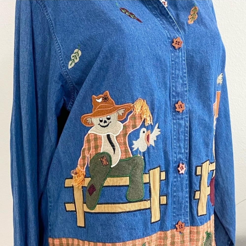 DRESS BARN | Scarecrow Pumpkins Fall Harvest Denim Button Up Shirt Sz XL - Picture 4 of 14